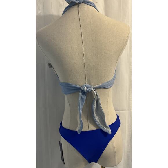 Sexy Bikini Set Light Blue Halter V-Neck Top Size L & Dark Blue Thong Bottom M - Picture 5 of 13